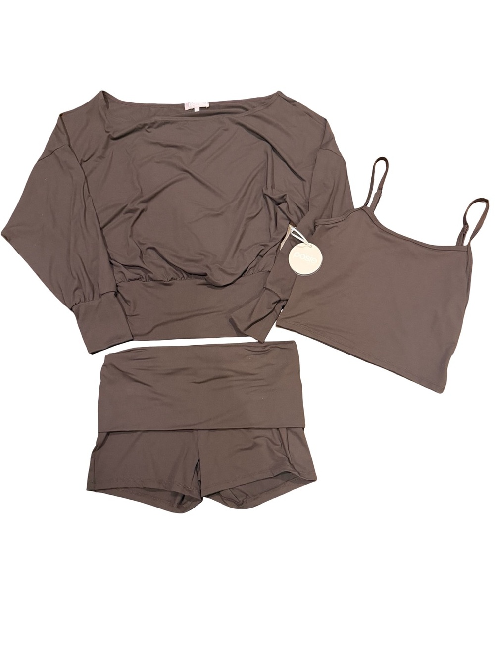Posie Active 3 Piece Long Sleeve Top, Tank Top, & Shorts Set Brown S NWT